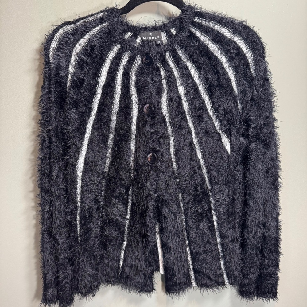 NWT Eyelash Knit Striped Women Medium Marble Luxury Black White Fuzzy Cardigan